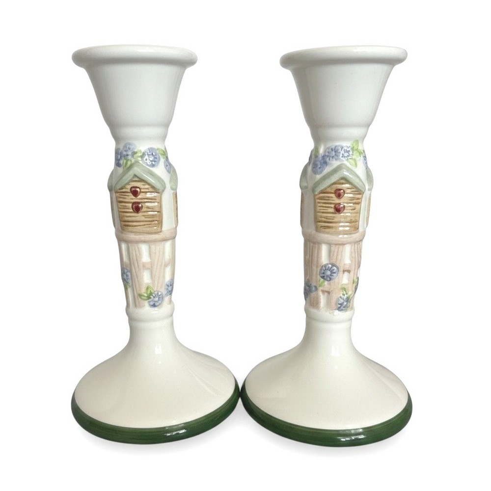 Gibson Everyday Birdhouse Floral Ceramic Taper Candlestick Holders Set of 2
